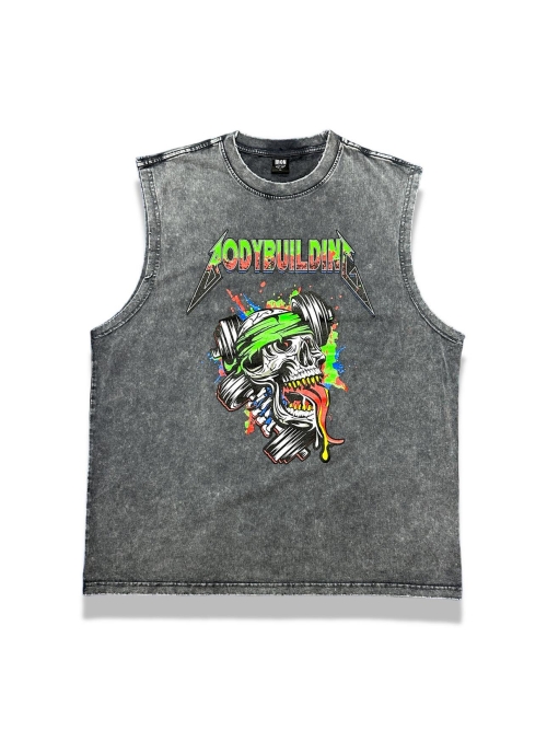 Grey Acid Wash Sleeveless Tee Green Neon Logo